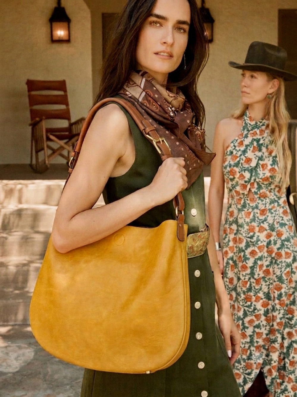 Mustard Yellow Faux Leather Shoulder Hobo Bag with Brown Strap